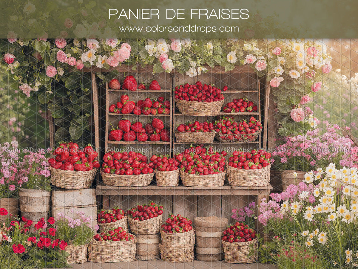 Baby & cake smash photo backdrop Panier de Fraises – wooden strawberry stall with flowers | Colors&Drops