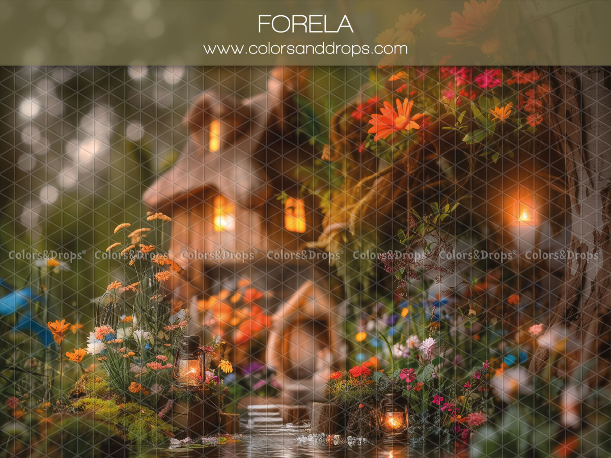 Fond photo bébé et smash cake Forela – maisons champignons féeriques dans un jardin fleuri | Colors&Drops