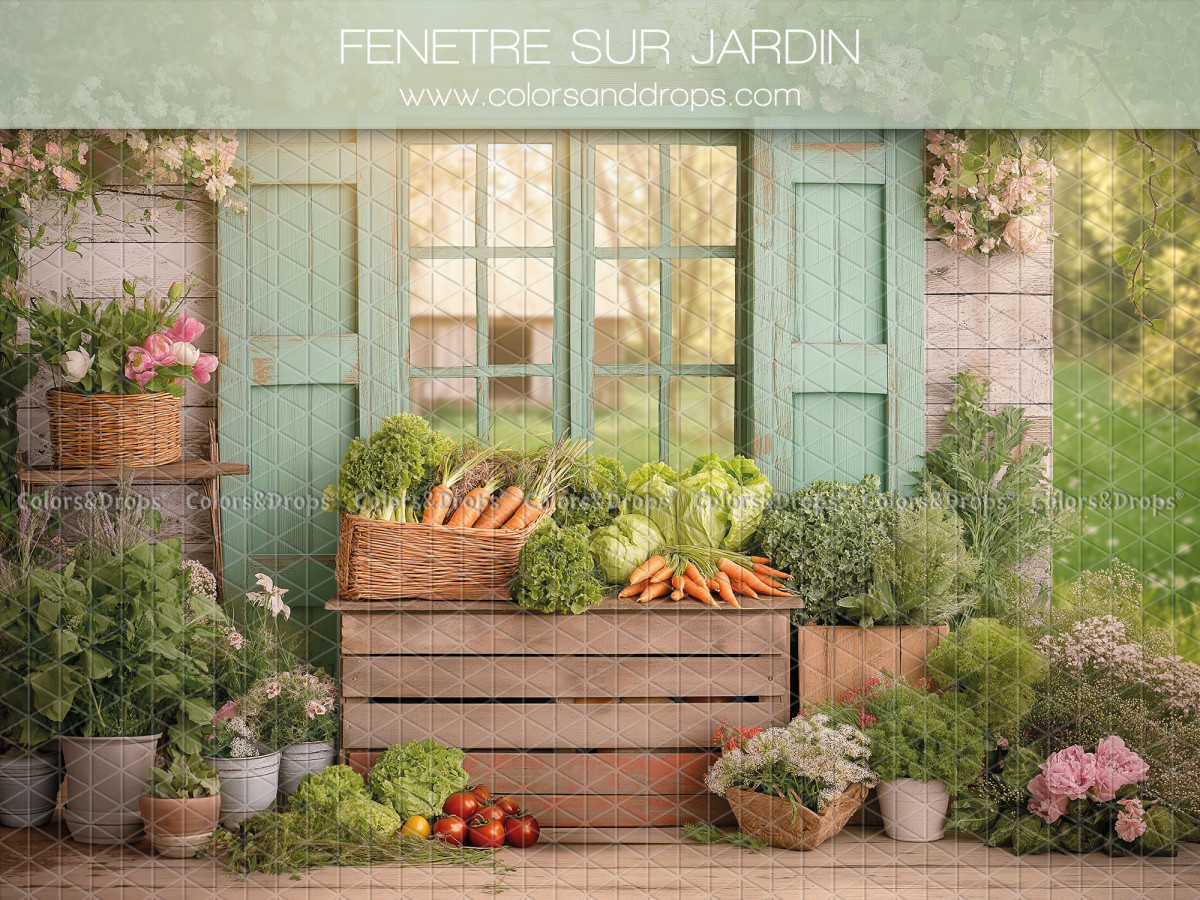 Baby & cake smash photo backdrop Fenetre sur Jardin – sea-green window with vegetable crates | Colors&Drops