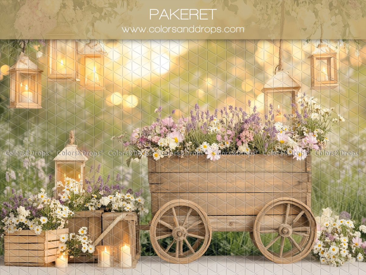 Baby & cake smash photo backdrop Pakeret – flowered cart with lanterns and candles | Colors&Drops