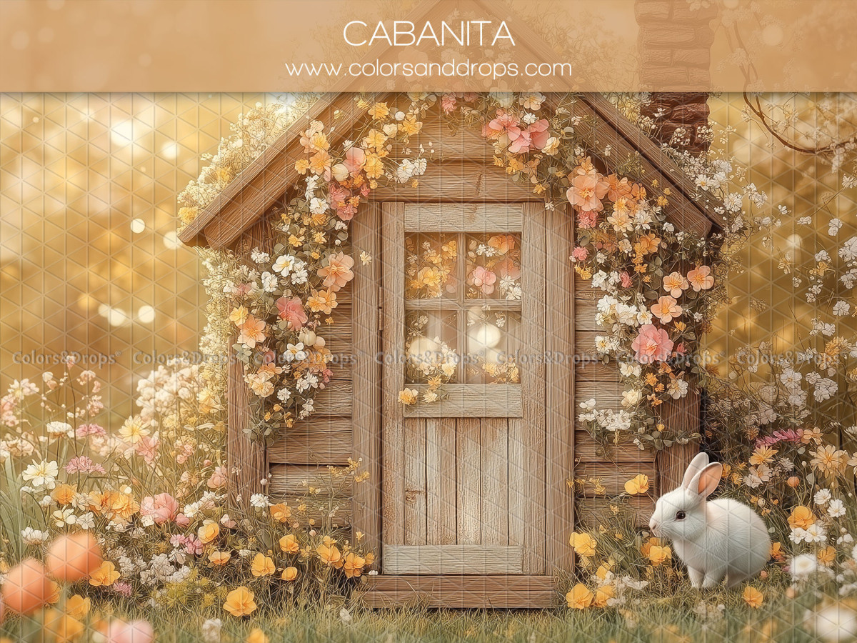 Baby & cake smash photo backdrop Cabanita – flowered cabin with bunny and pumpkins | Colors&Drops