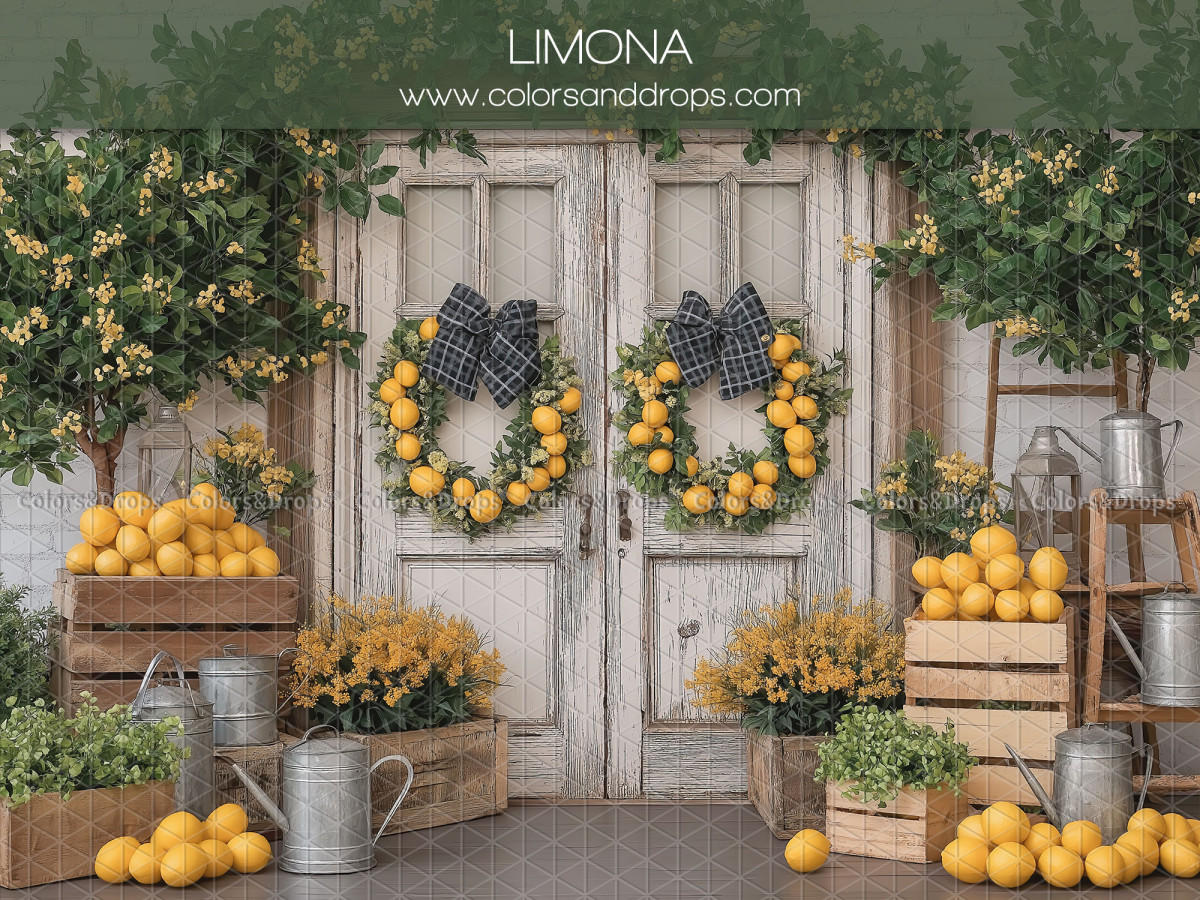 Fondo fotográfico de bebé y smash cake Limona – puertas blancas con coronas de limones y cajas | Colors&Drops