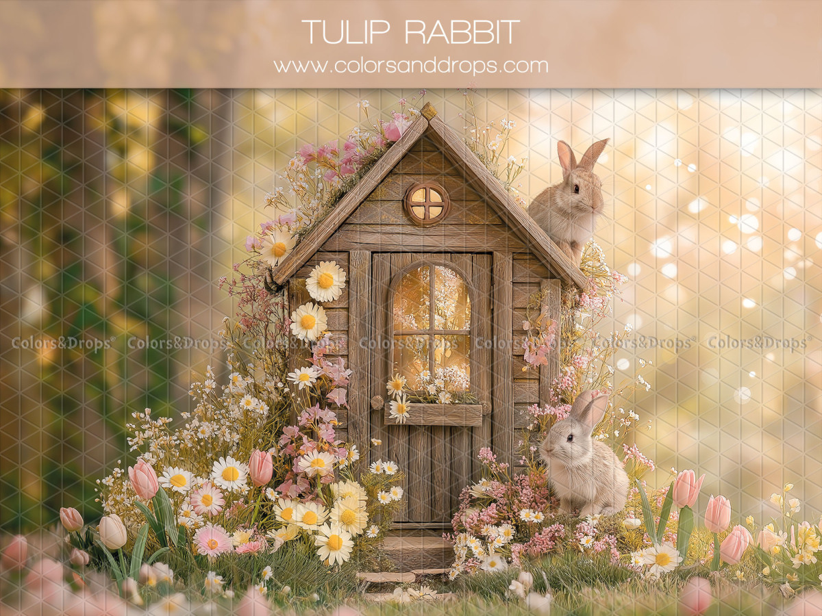 Baby & cake smash photo backdrop Tulip Rabbit – flowered cottage with bunnies and tulips | Colors&Drops