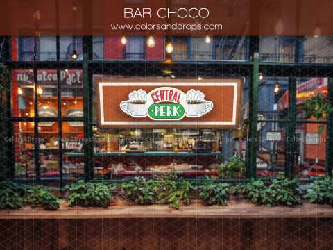 Photo backdrop Bar Choco – glazed café front with illuminated sign | Colors&Drops