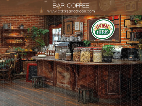 Fondo fotográfico de bebé y smash cake Bar Coffee – mostrador de café de madera con pared de ladrillo | Colors&Drops