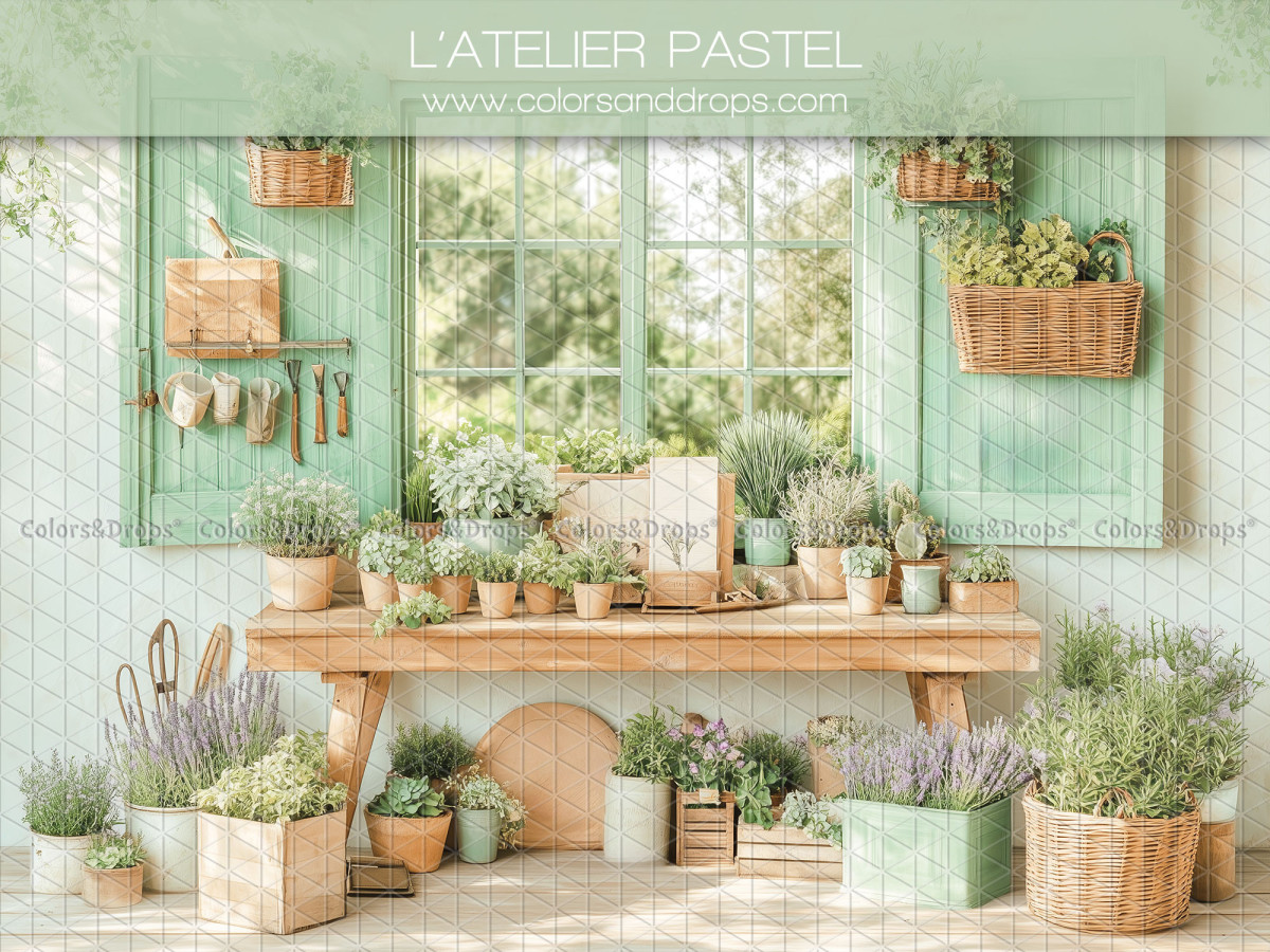 Baby & cake smash photo backdrop L'Atelier Pastel – pastel green potting workshop with potted plants | Colors&Drops