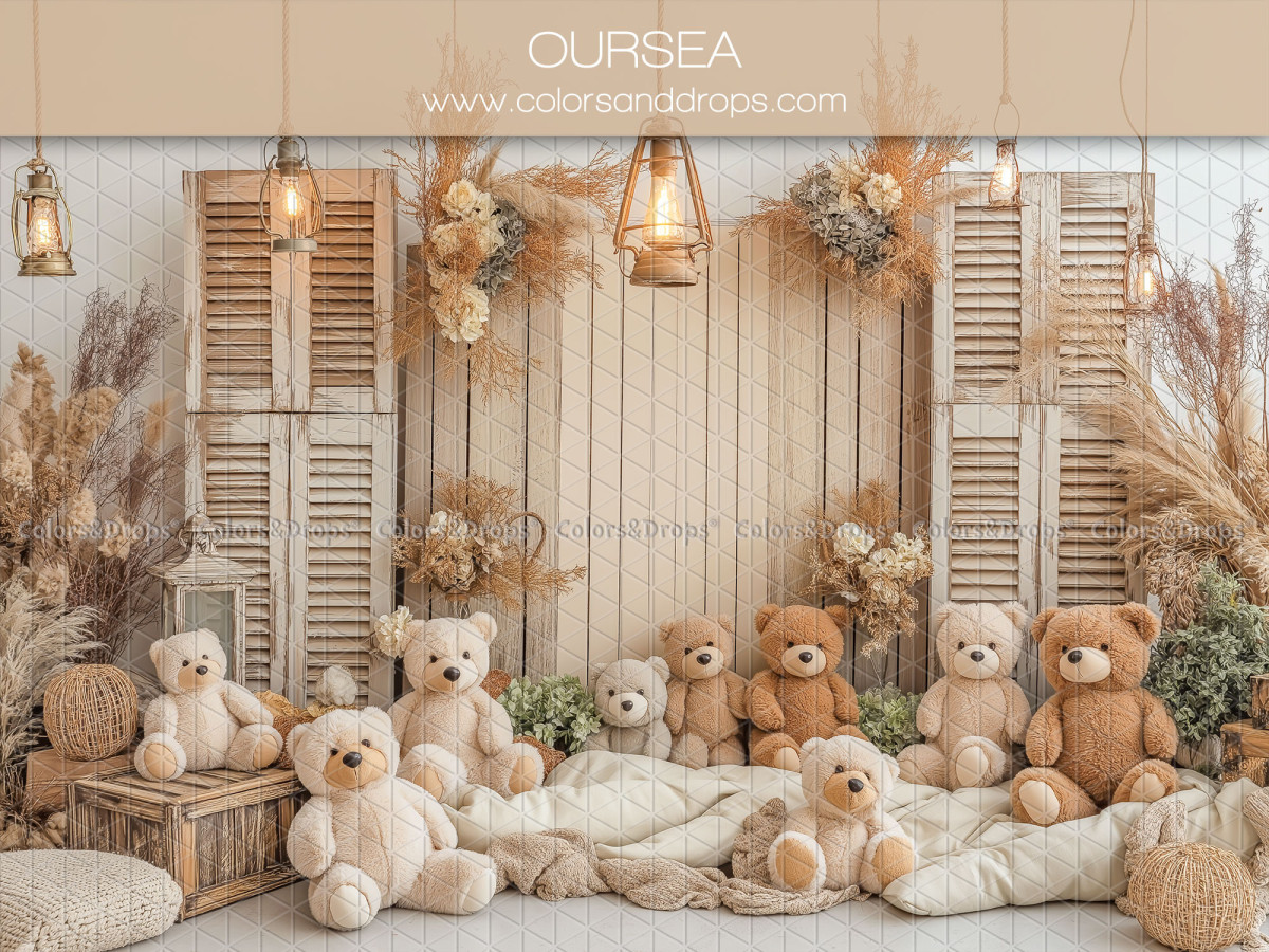 Baby & cake smash photo backdrop Oursea – teddy bears with wooden shutters and pampas | Colors&Drops