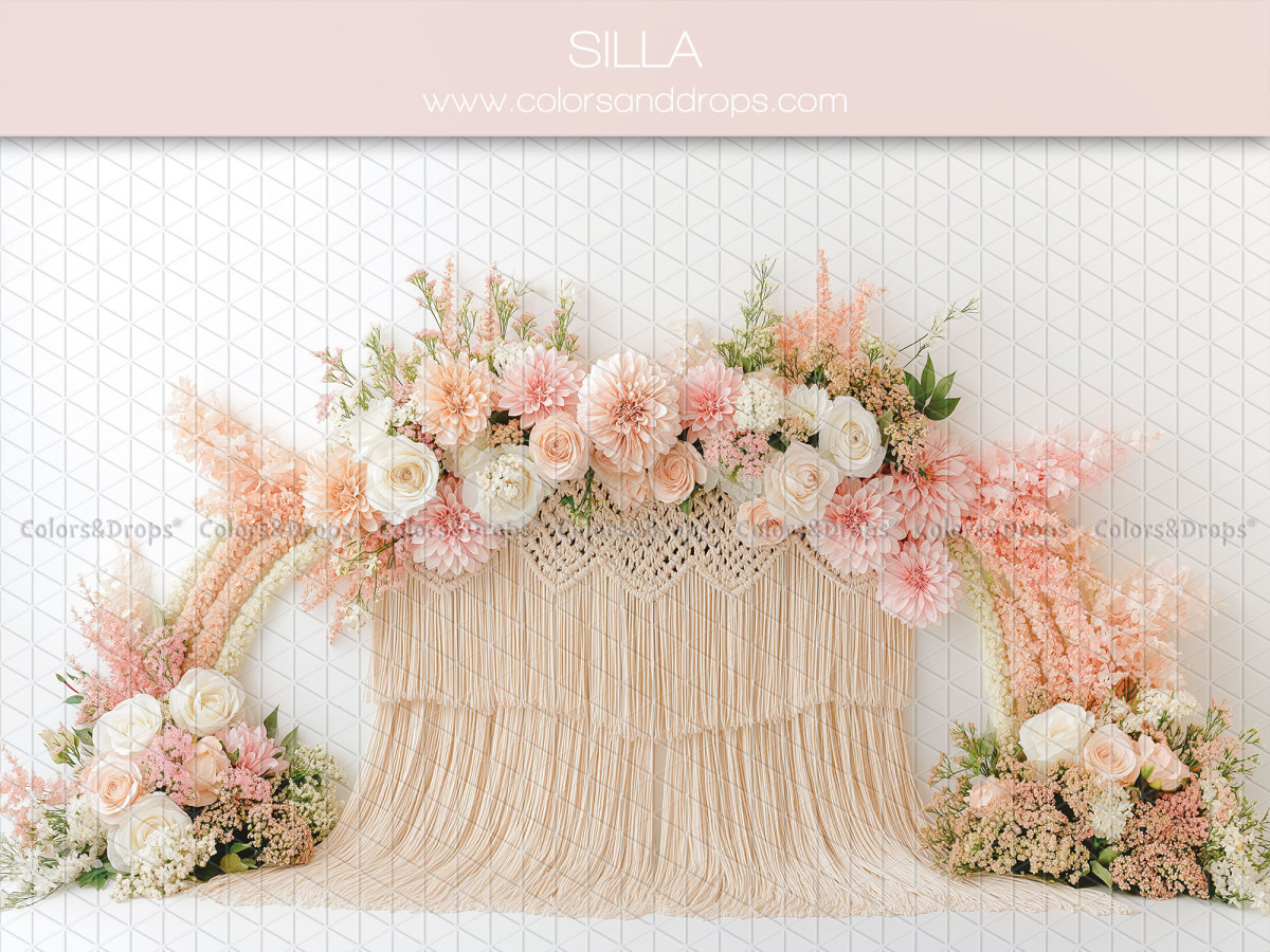 Baby & cake smash photo backdrop Silla – macramé arch with pink roses and pampas | Colors&Drops