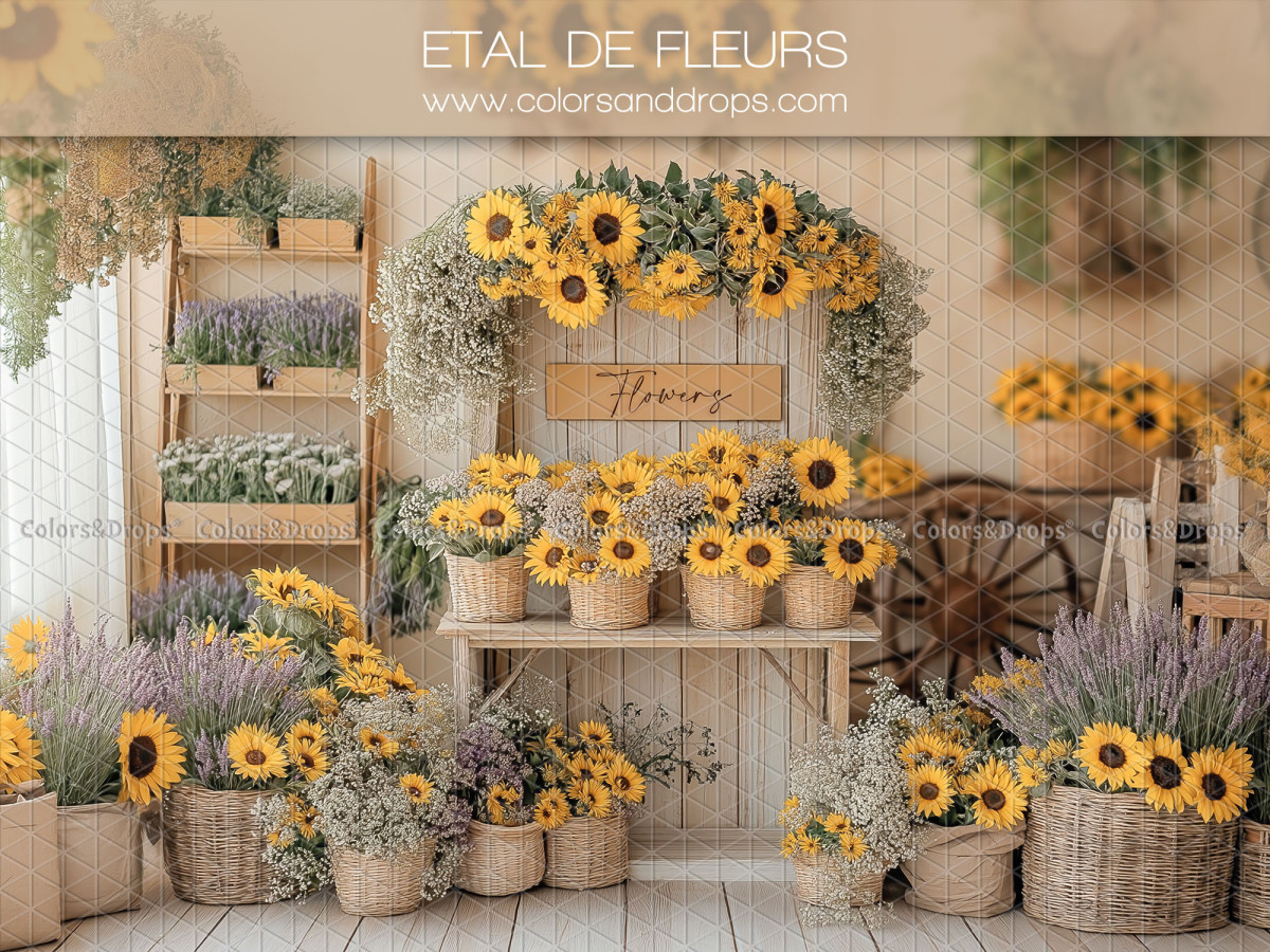 Fond photo Etal de Fleurs – étal de fleurs avec tournesols et charrette | Colors&Drops