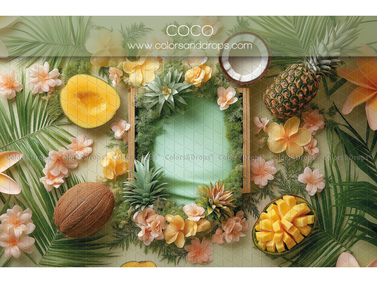 Fondo fotográfico de recién nacido Coconut – marco de frutas tropicales, cocos y flores | Colors&Drops