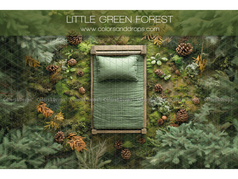 Fondo fotográfico de recién nacido Little Green Forest – camita verde en el bosque con piñas | Colors&Drops