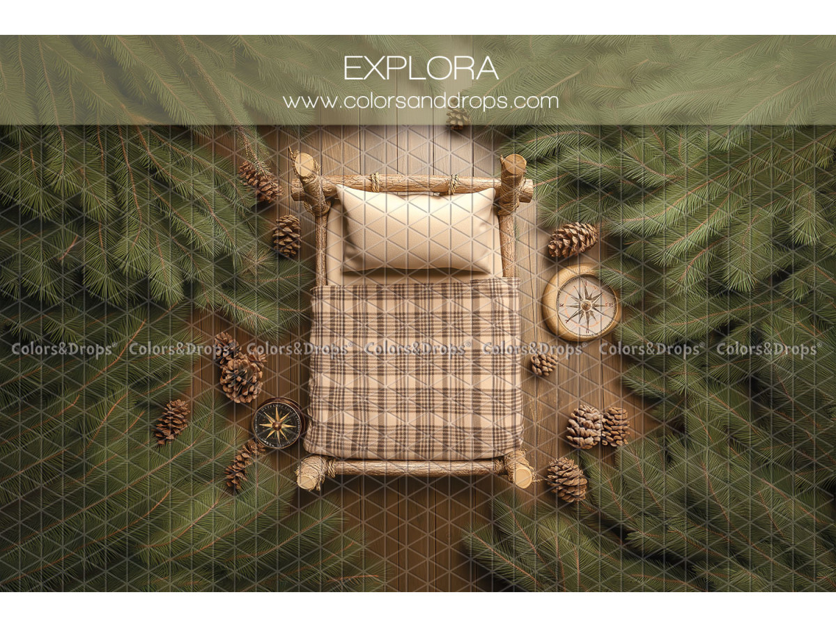 Newborn photo backdrop Explora – small checked bed in the forest with compass | Colors&Drops