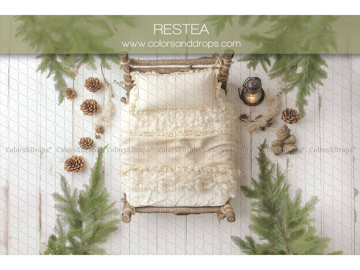 Newborn photo backdrop Restea – small white bed on wooden floor with fir branches | Colors&Drops