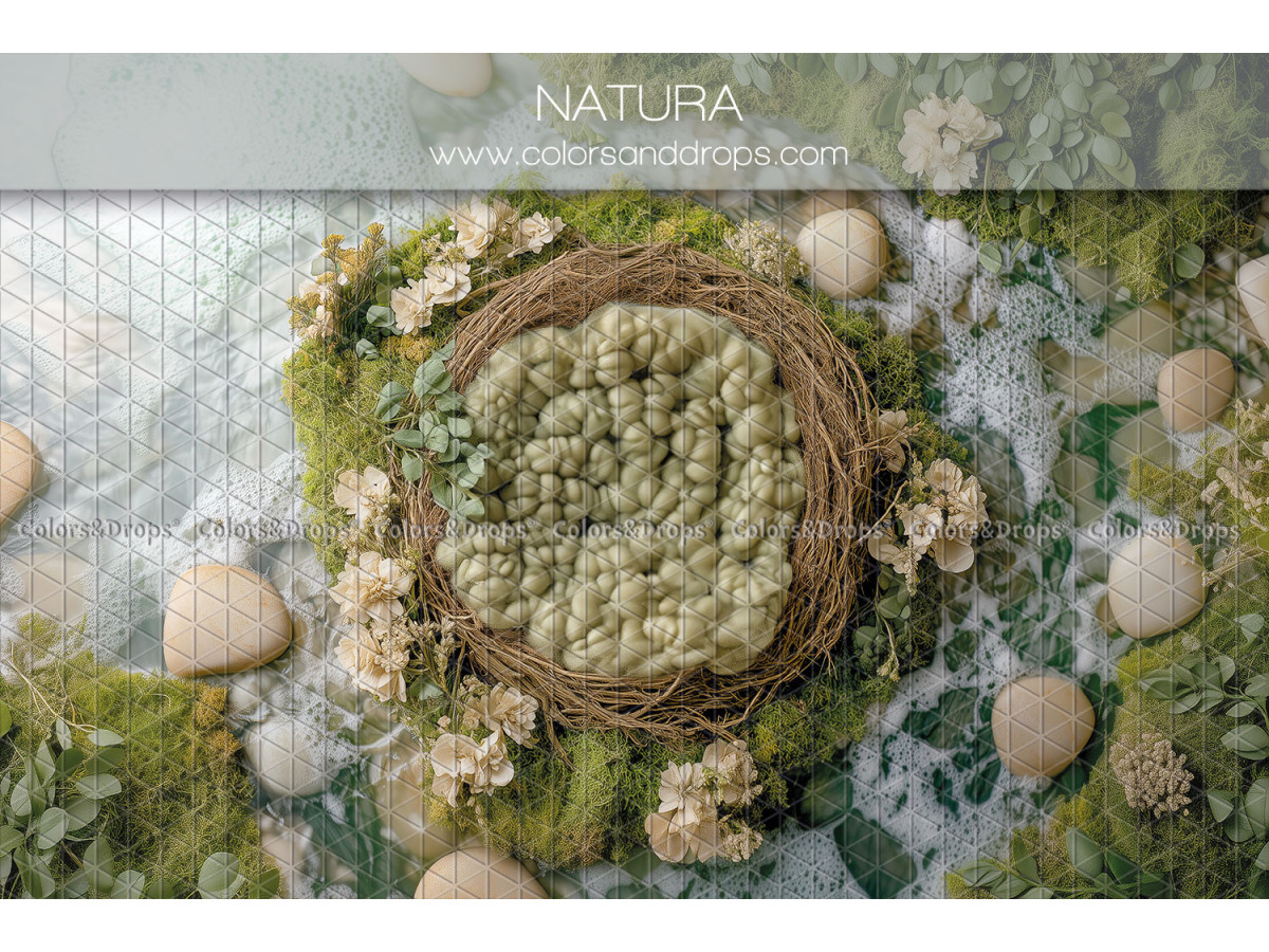 Newborn photo backdrop Natura – wicker nest with moss and pebbles | Colors&Drops