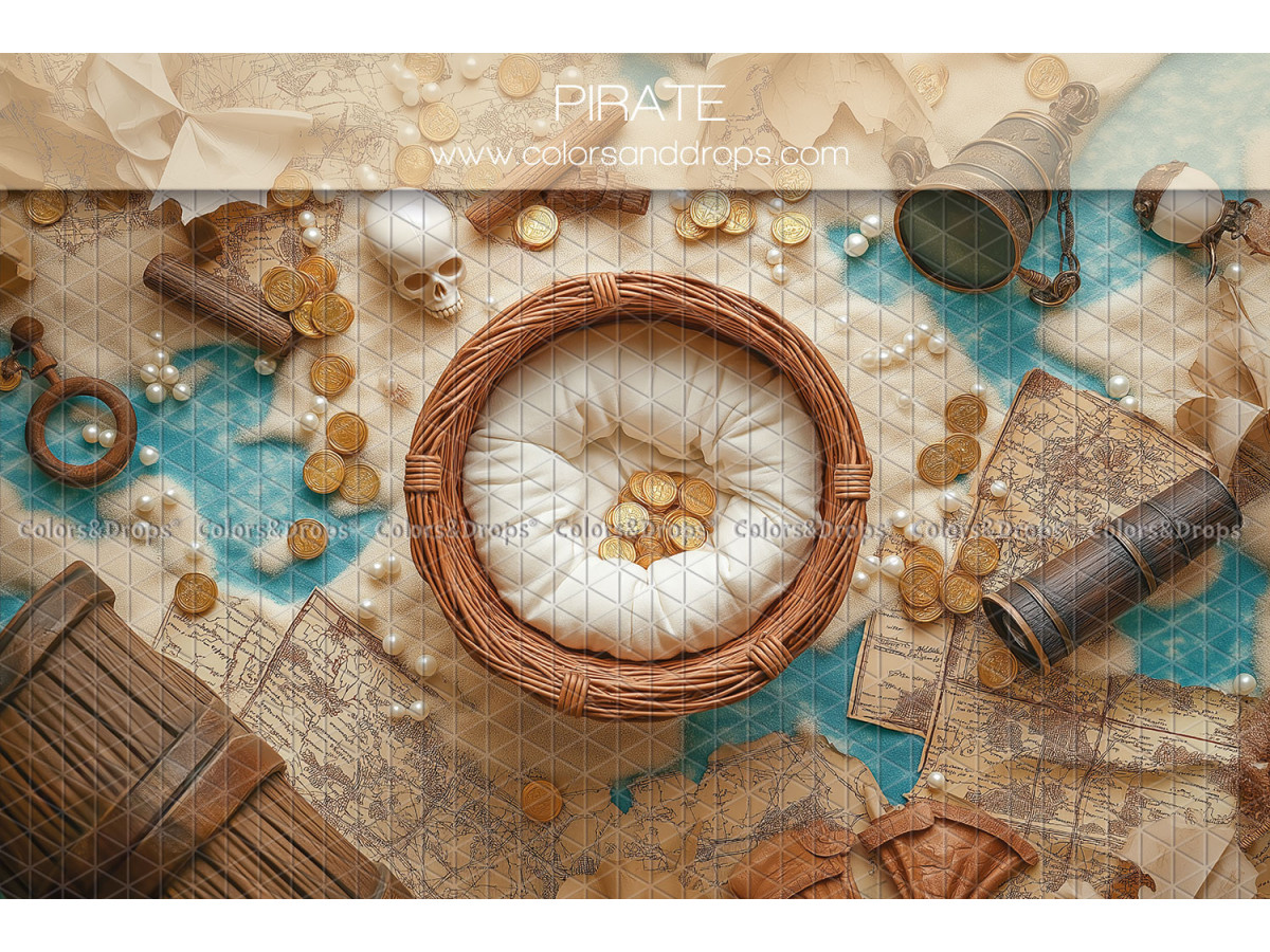Newborn photo backdrop Pirate – wicker nest with gold coins and treasure map | Colors&Drops
