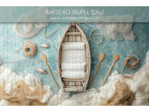 Fondo fotográfico de recién nacido Bateau sur L'Eau – barca de madera en el agua con redes y remos | Colors&Drops