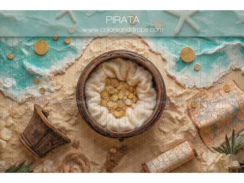 Fondo fotográfico de recién nacido Pirata – nido de mimbre pirata sobre arena con monedas de oro | Colors&Drops