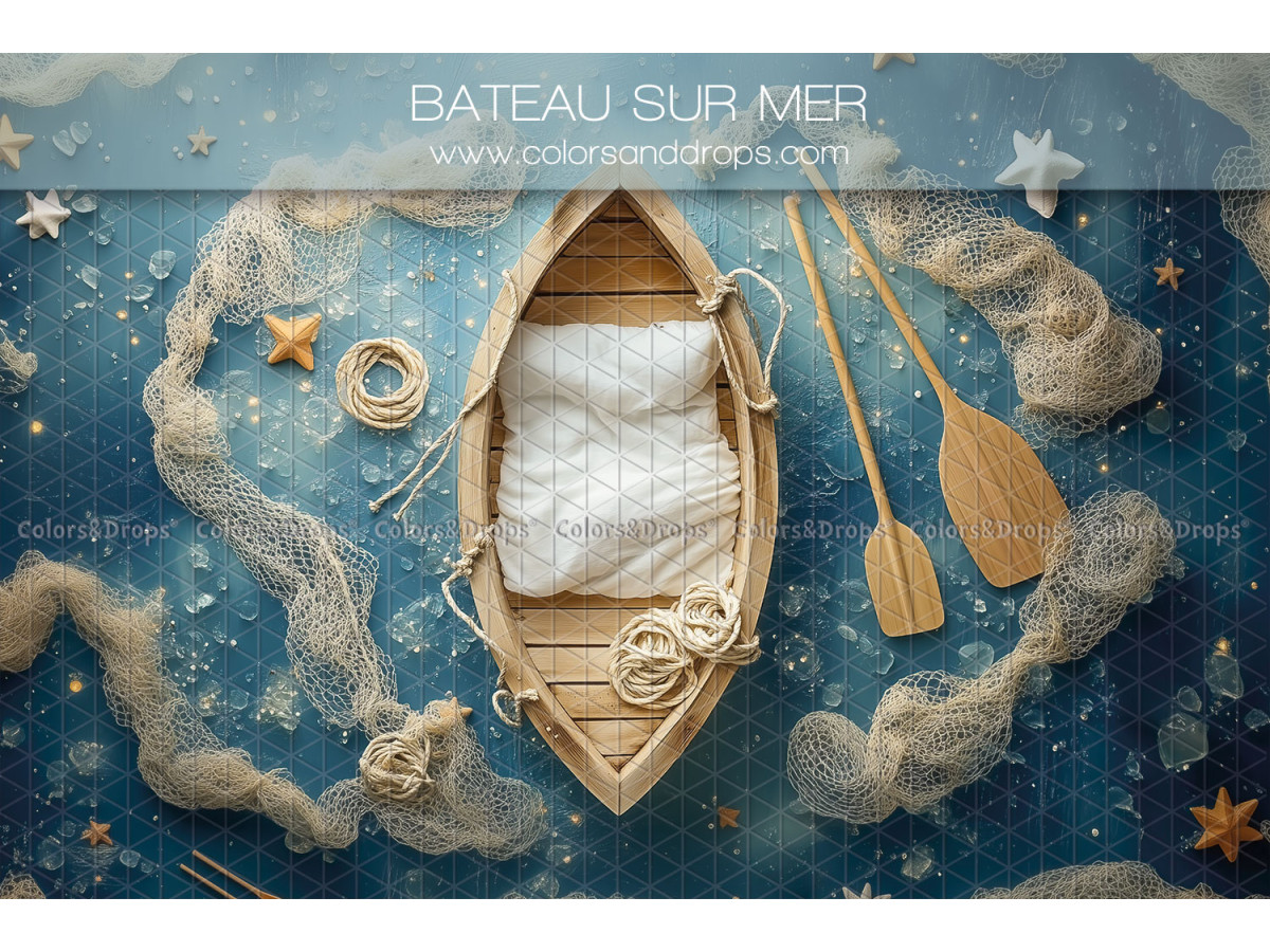 Fond photo nouveau-né Bateau sur Mer – barque en bois sur mer bleue étoilée avec rames | Colors&Drops
