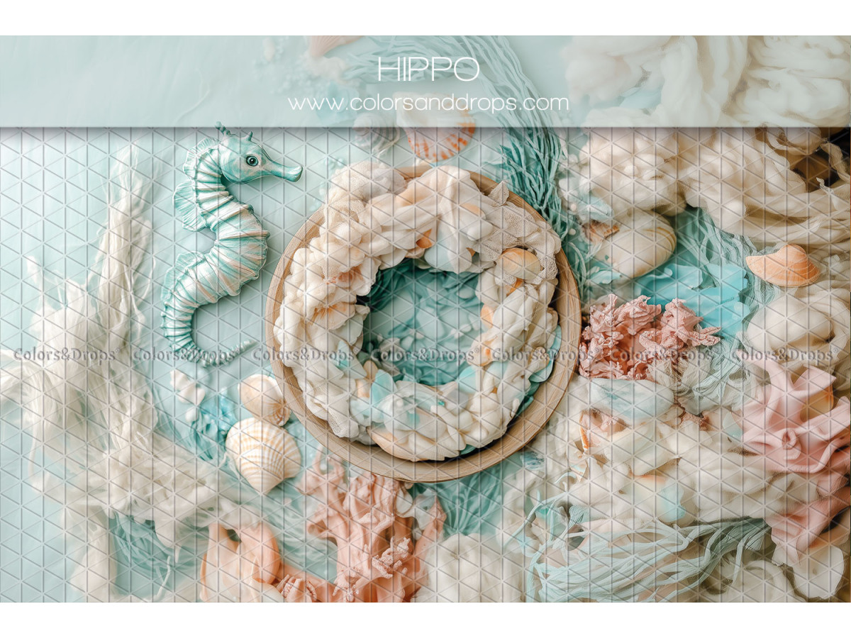 Newborn photo backdrop Hippo – wool nest with seahorse and seashells | Colors&Drops