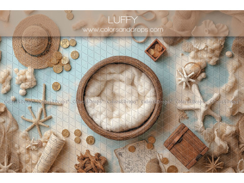 Fondo fotográfico de recién nacido Luffy – nido de mimbre en la playa con estrellas de mar y sombrero | Colors&Drops
