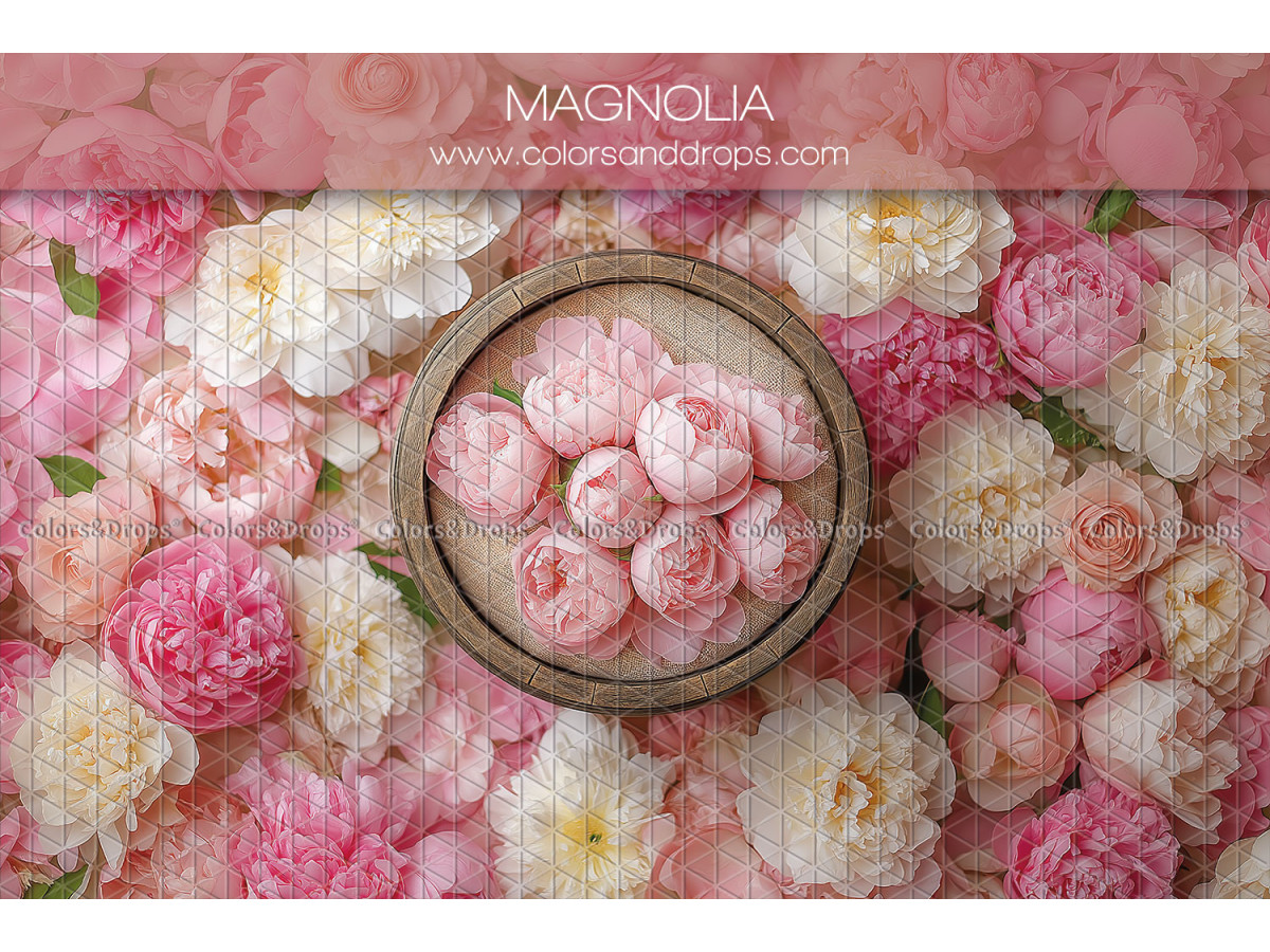 Newborn photo backdrop Magnolia – wicker nest filled with pink peonies | Colors&Drops