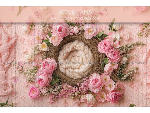 Newborn photo backdrop Pomelana – wool nest with pink rose wreath | Colors&Drops