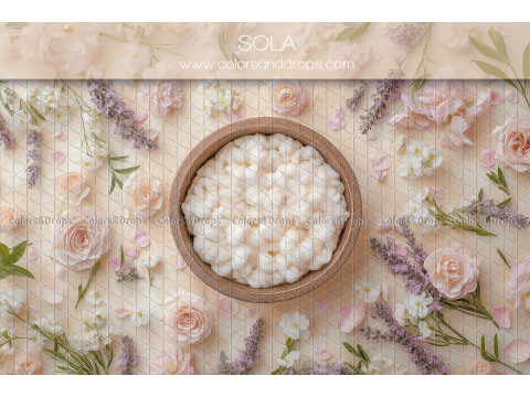 Fondo fotográfico de recién nacido Sola – nido de lana blanca con flores y lavanda | Colors&Drops