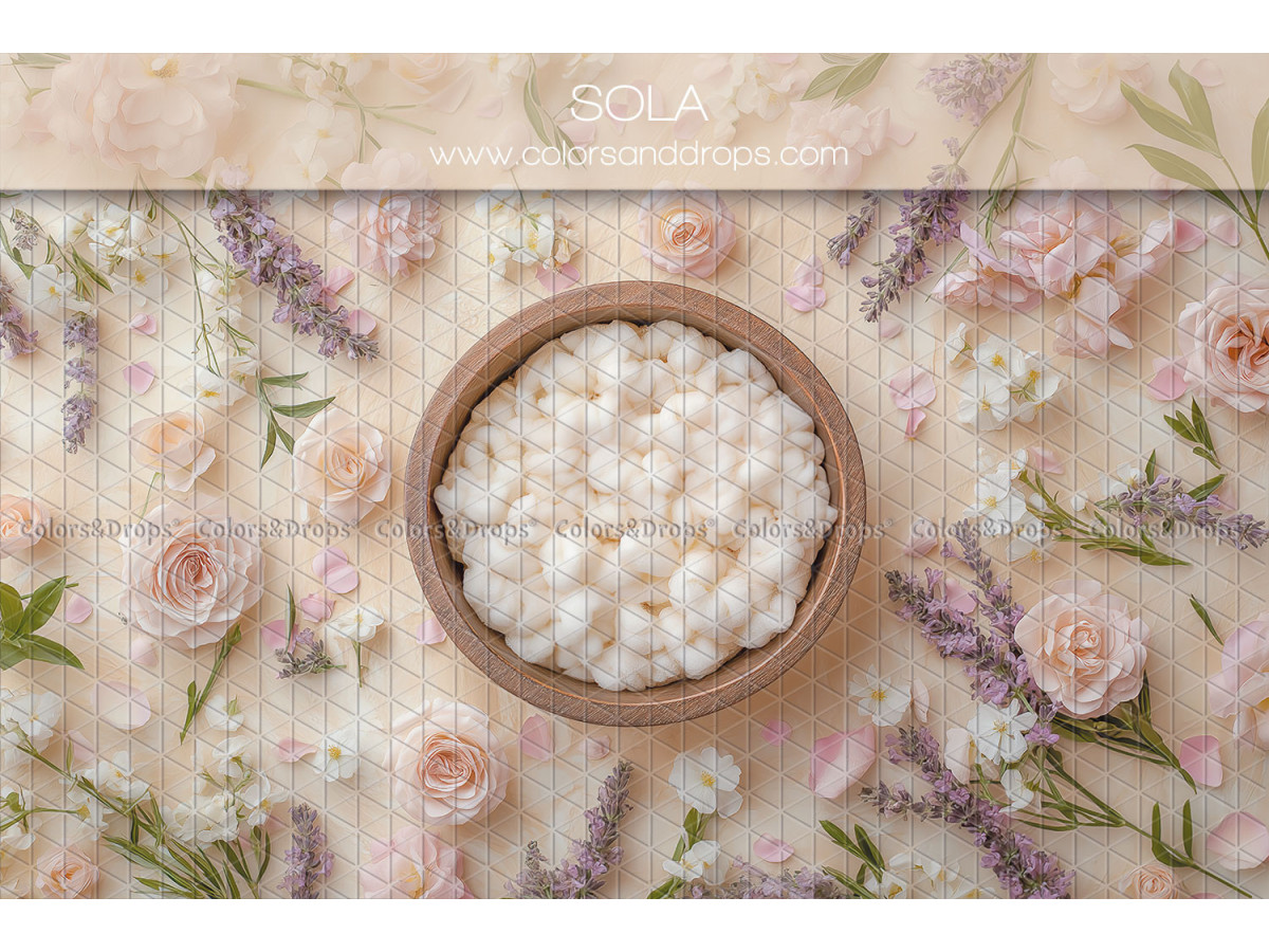 Newborn photo backdrop Sola – white wool nest with flowers and lavender | Colors&Drops