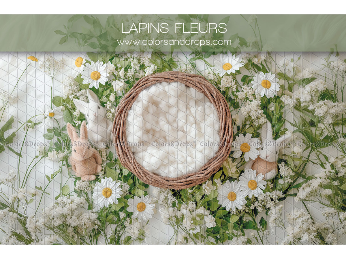 Newborn photo backdrop Lapins Fleurs – wicker nest with bunnies and daisies | Colors&Drops
