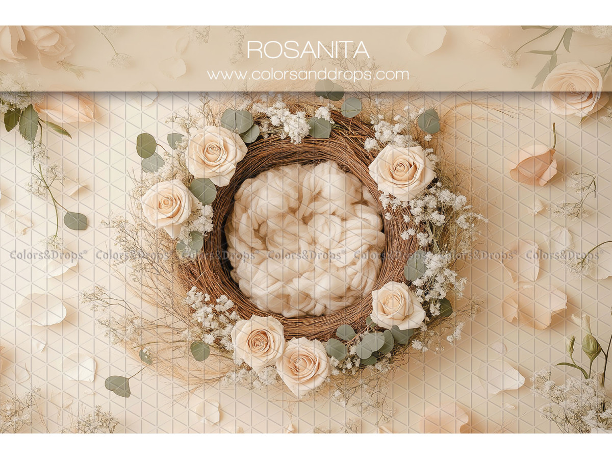 Fondo fotográfico de recién nacido Rosana – nido con corona de rosas crema y pétalos | Colors&Drops