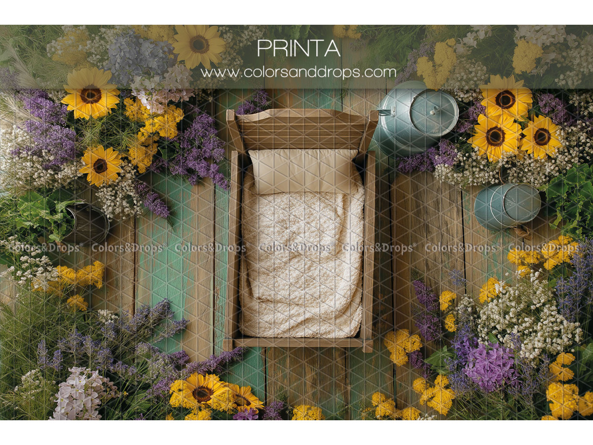 Newborn photo backdrop Printa – small wooden bed with sunflowers and lavender | Colors&Drops