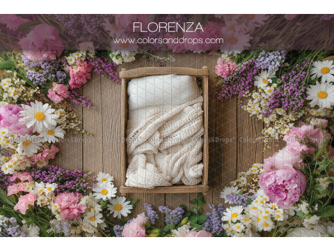 Newborn photo backdrop Florenza – small wooden bed with peonies and daisies | Colors&Drops