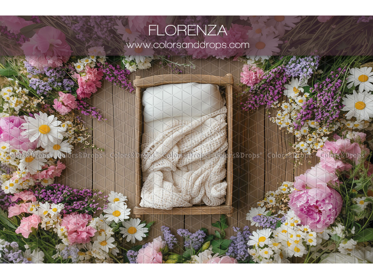 Fondo fotográfico de recién nacido Florenza – camita de madera con peonías y margaritas | Colors&Drops