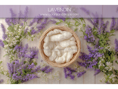 Newborn photo backdrop Lavendin – wicker nest surrounded by lavender | Colors&Drops