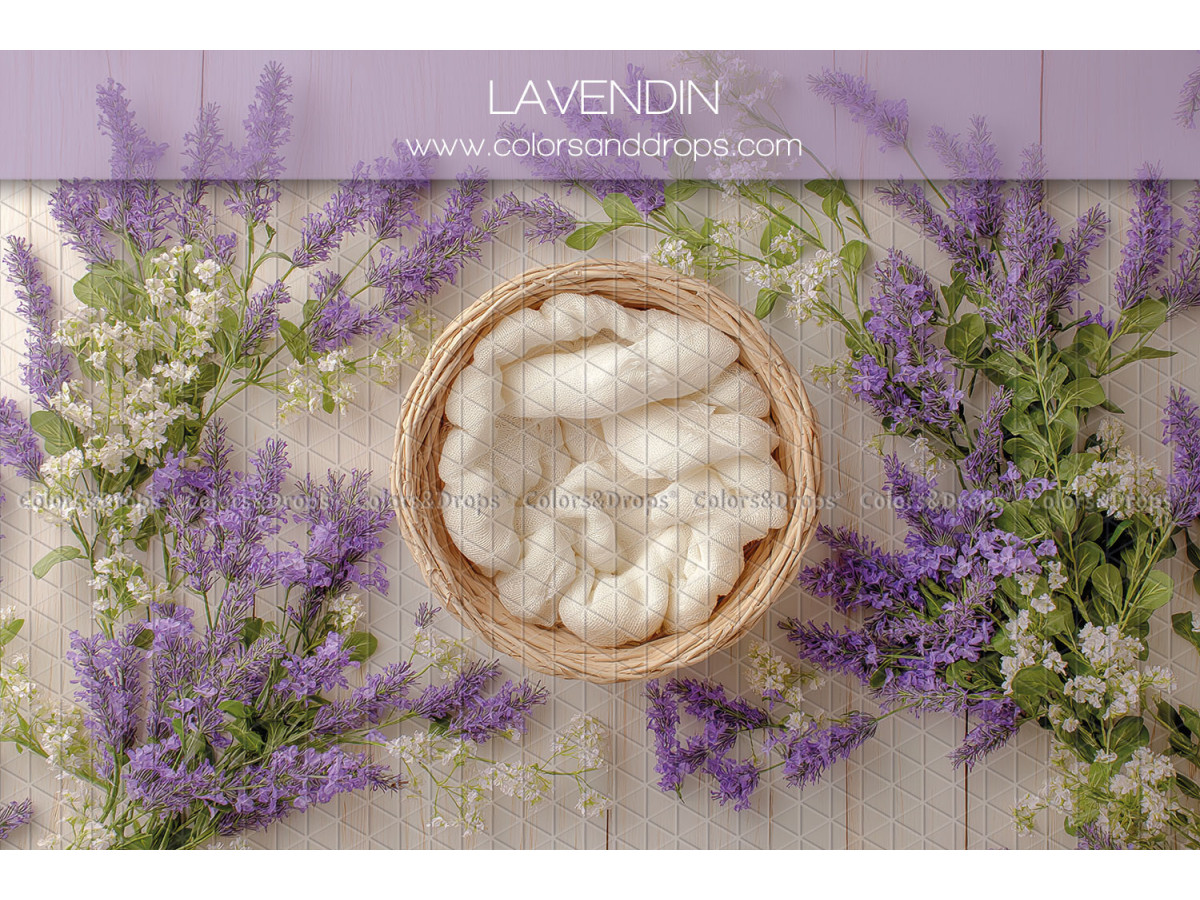 Fond photo nouveau-né Lavendin – nid en osier entouré de lavande | Colors&Drops