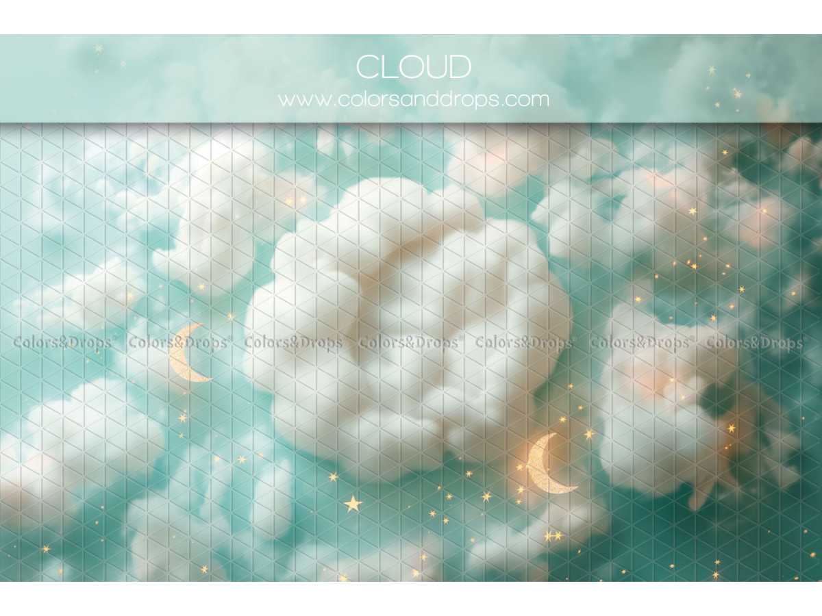 Newborn photo backdrop Cloud – white clouds on turquoise sky with moons | Colors&Drops