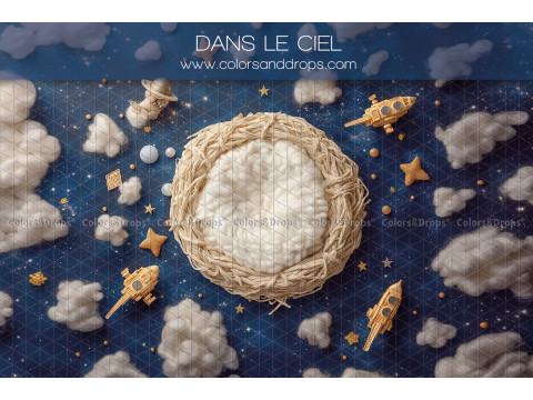 Fond photo nouveau-né Dans le Ciel – nid en osier dans un ciel étoilé avec fusées | Colors&Drops