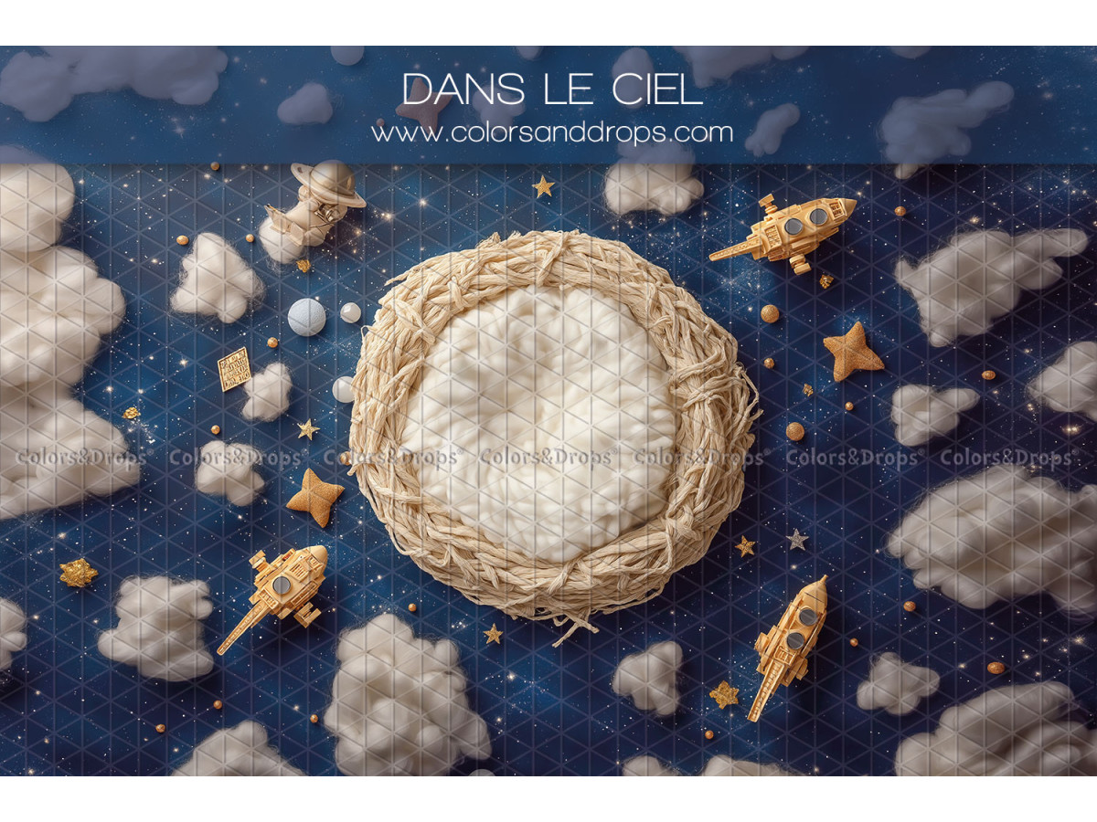 Newborn photo backdrop Dans le Ciel – wicker nest in starry sky with rockets | Colors&Drops