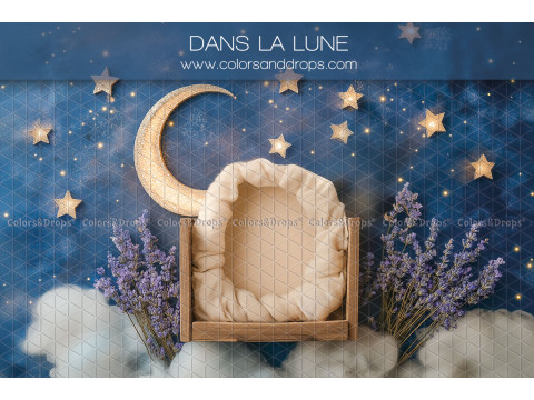Newborn photo backdrop Dans la Lune – small bed on clouds with moon and lavender | Colors&Drops