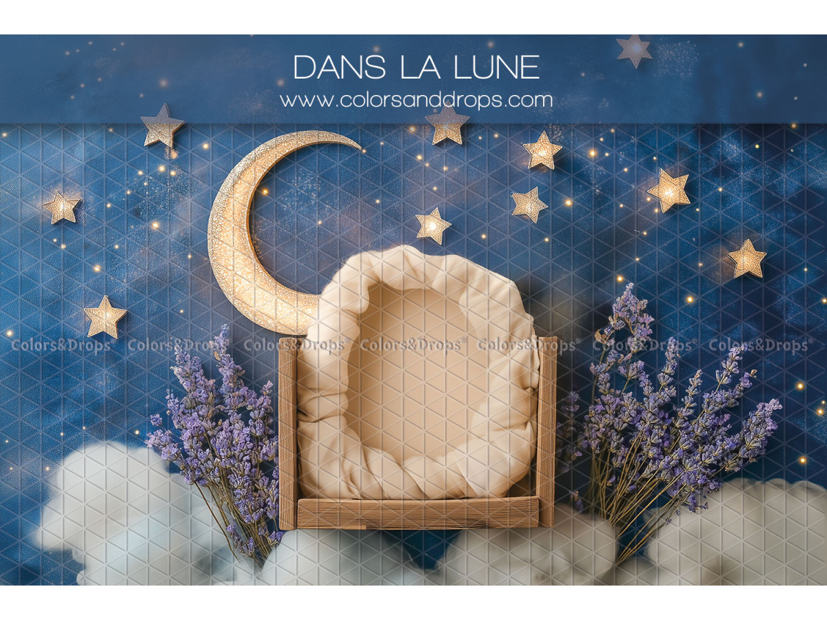Newborn photo backdrop Dans la Lune – small bed on clouds with moon and lavender | Colors&Drops