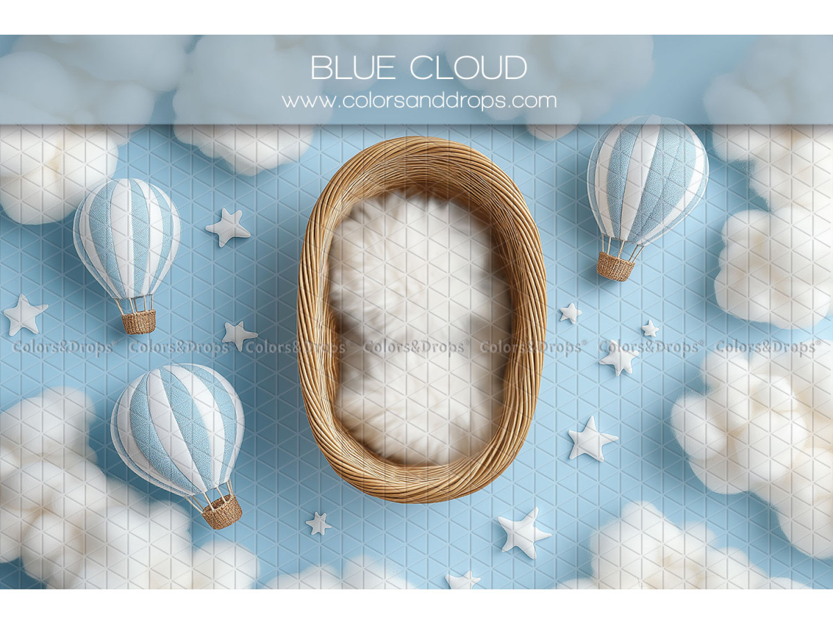 Newborn photo backdrop Blue Cloud – wicker basket on clouds with hot air balloons | Colors&Drops