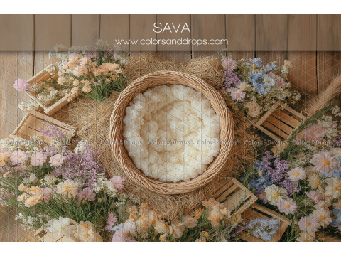 Fondo fotográfico de recién nacido Sava – nido de mimbre sobre heno con flores y cajas | Colors&Drops