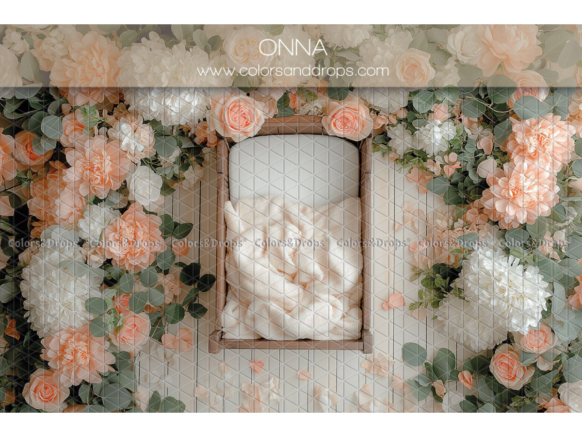 Newborn photo backdrop Onna – small bed with peach flowers and hydrangeas | Colors&Drops