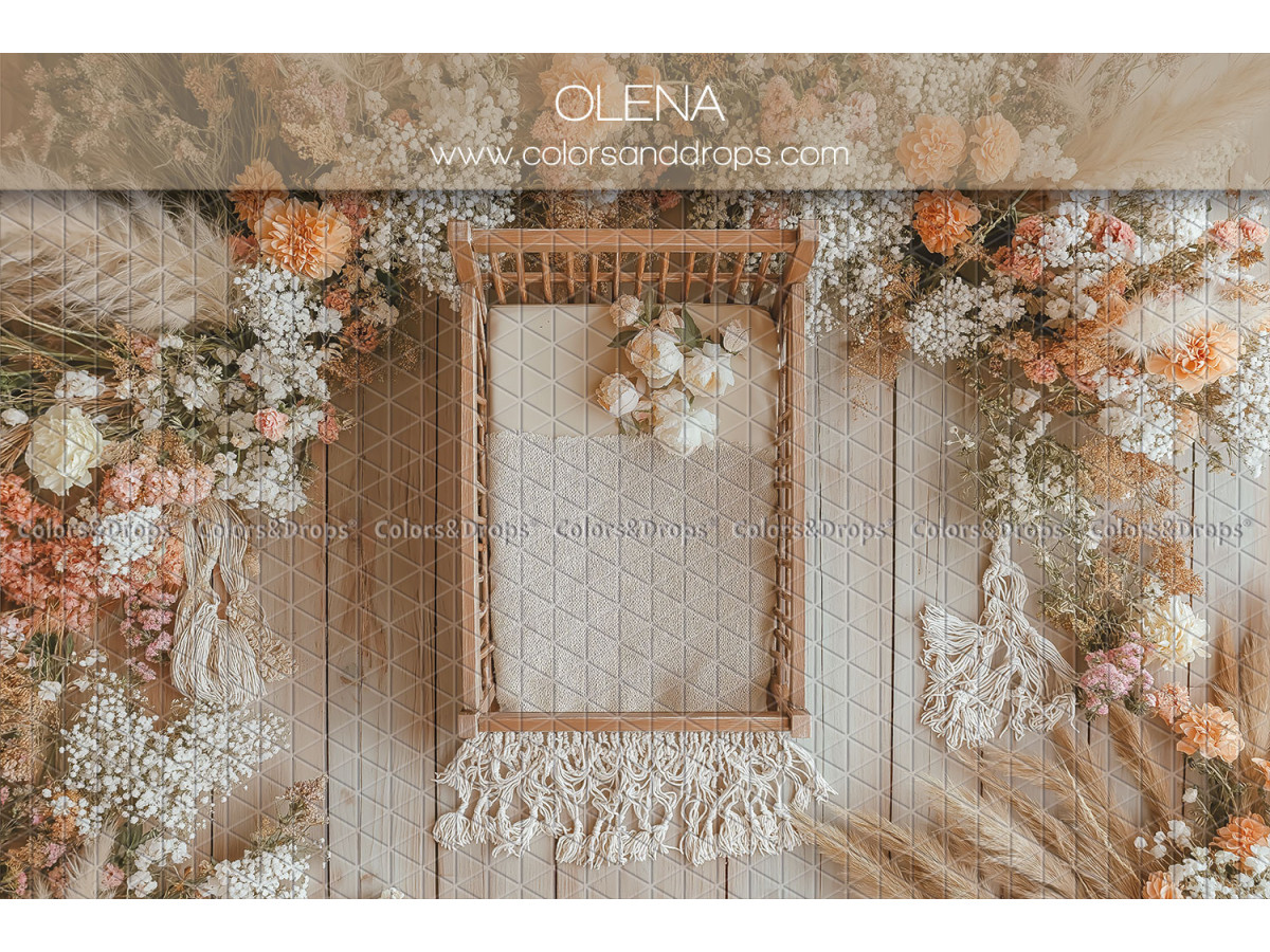 Fondo fotográfico de recién nacido Olena – camita de madera con macramé y flores secas | Colors&Drops