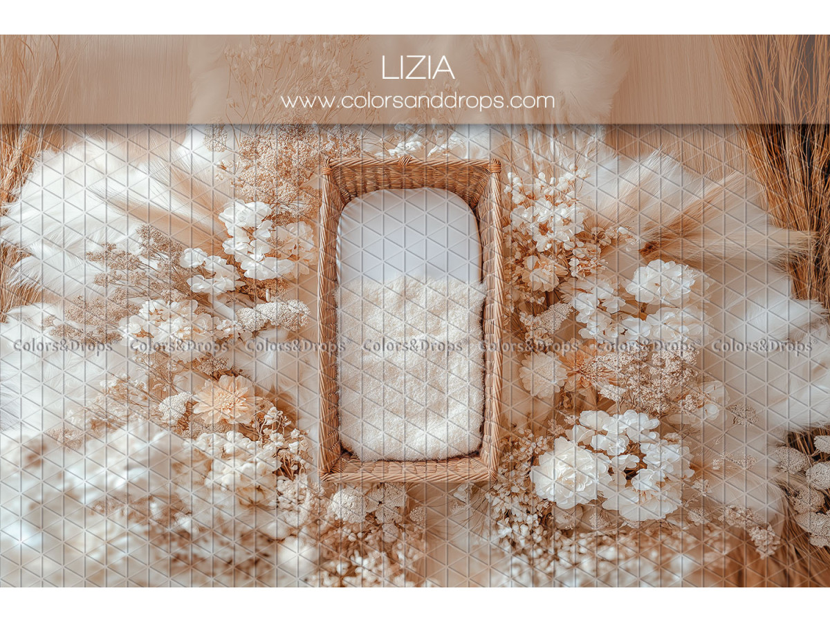 Newborn photo backdrop Lizia – small wooden bed with pampas and white flowers | Colors&Drops