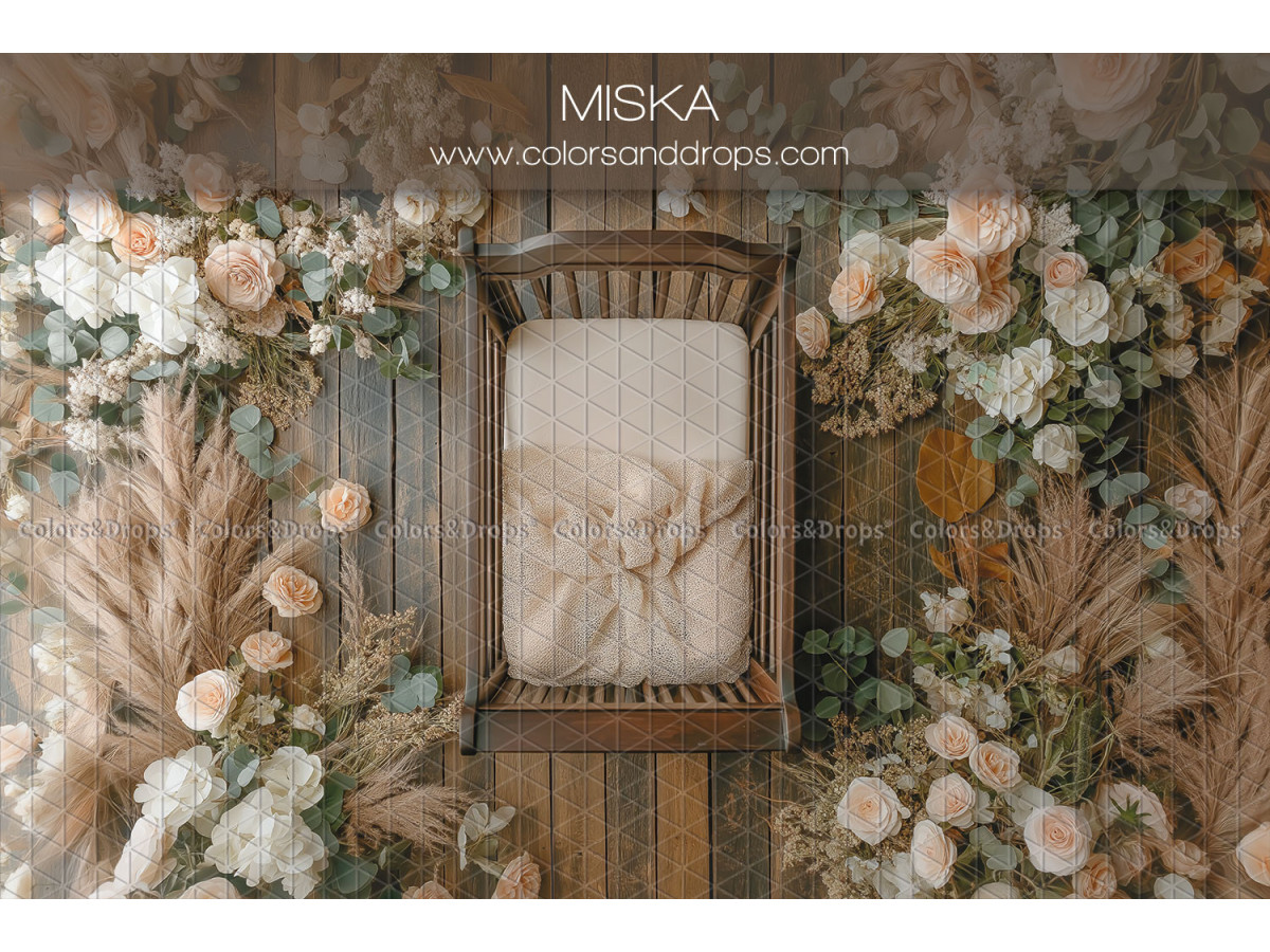 Fond photo nouveau-né Miska – petit lit à barreaux avec roses et pampa | Colors&Drops