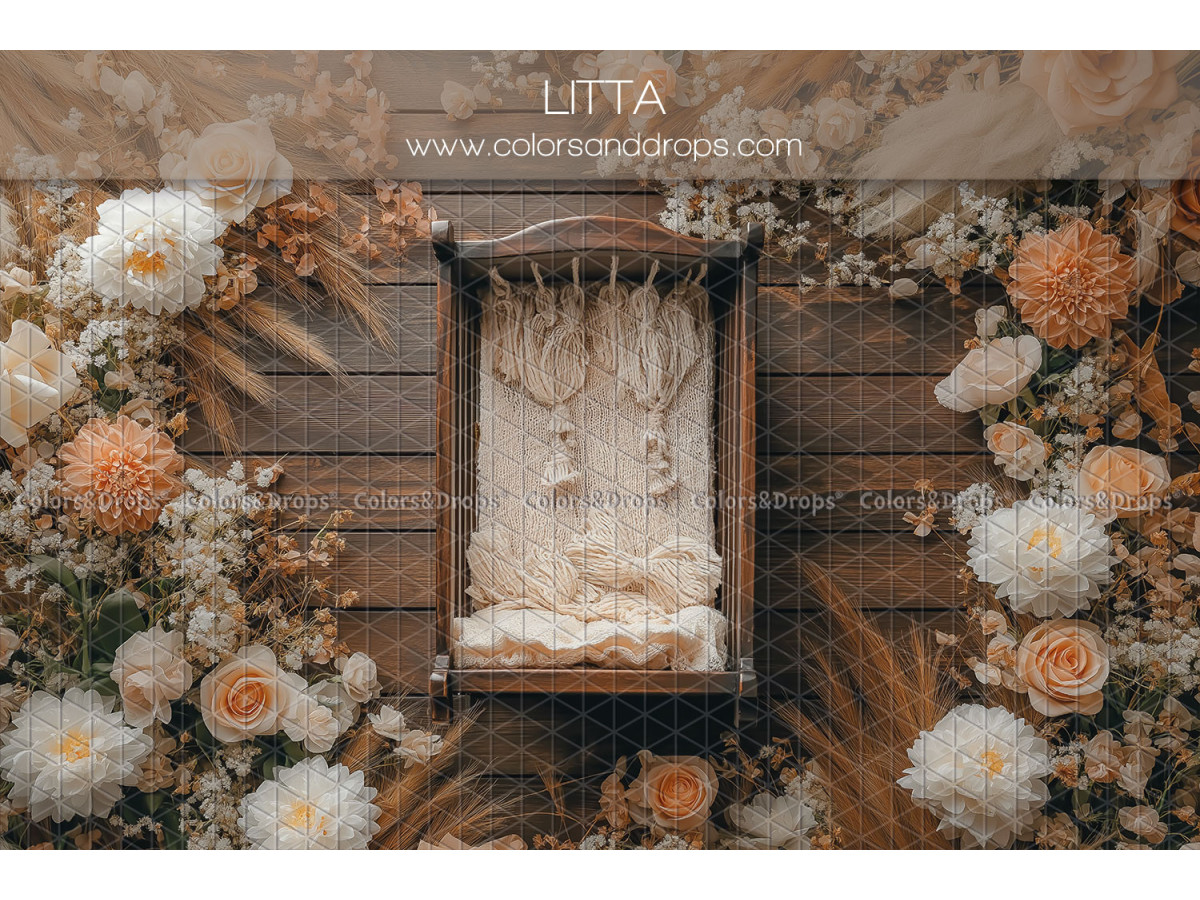 Newborn photo backdrop Litta – small dark wooden bed with orange flowers | Colors&Drops