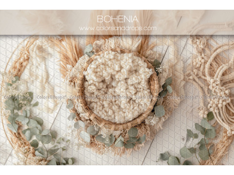 Newborn photo backdrop Bohenia – wicker nest with eucalyptus and macramé | Colors&Drops