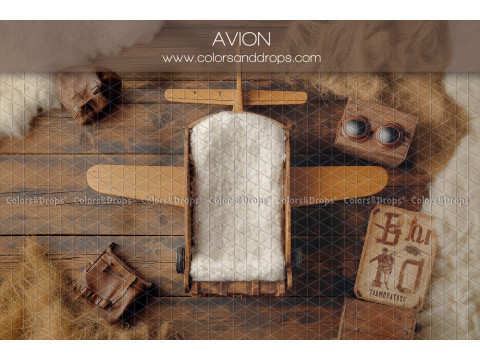 Fond photo nouveau-né Avion – avion en bois avec jouets sur parquet | Colors&Drops