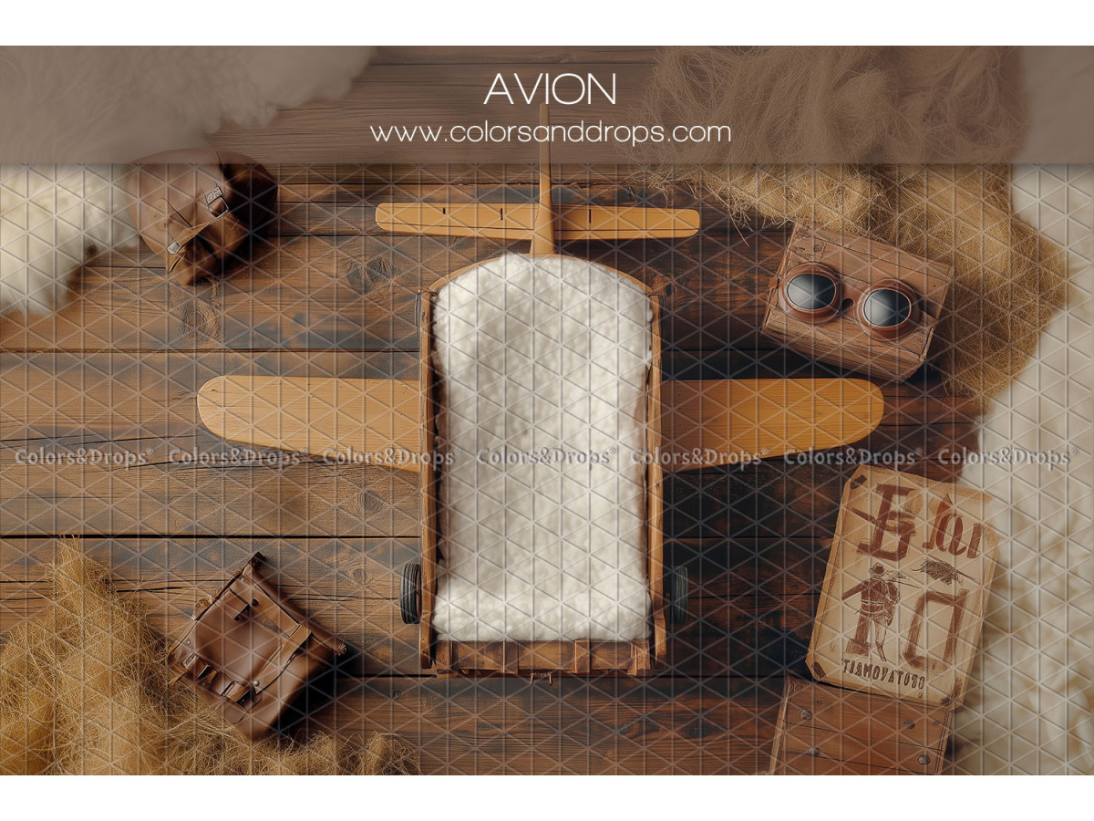 Newborn photo backdrop Avion – wooden plane with toys on wooden floor | Colors&Drops
